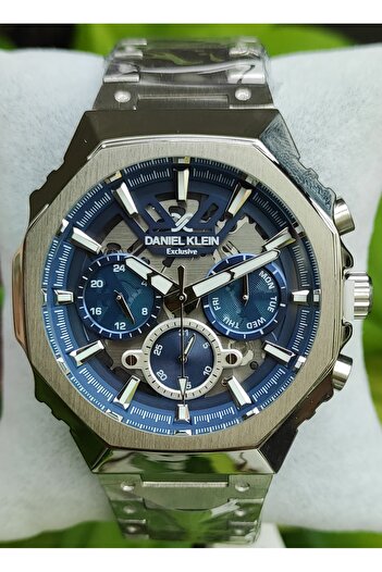Daniel Klein Men's Silver Multi-Function Metal Cord Wrist Watch - Navy Blue Chronograph Dial with Calendar