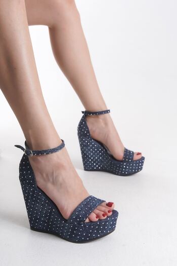 owwox club Miranda; Blue Denim, Stone Detailed 12 cm Wedge Heeled Shoes