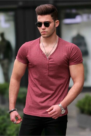 Madmext Buttoned Claret Red Basic T-Shirt 4052