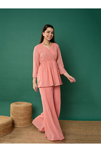 NOH-VOH By Styli Embellished Wrap Look Peplum Top and Palazzo Pants Set