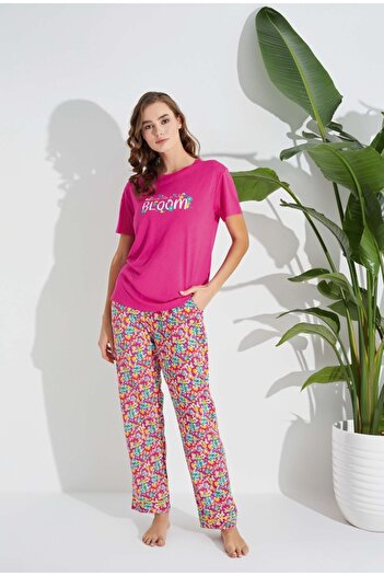 Aydoğan Aydoğan Short Sleeve Long Leg Pocket 100% Viscosa Fabric Pink Color Women's Pajama Set