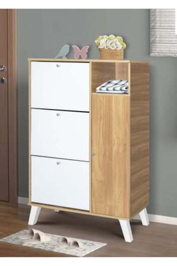 BAITY Shoe Cabinet with Three Doors and Four-tier Shelf in Light Brown and White