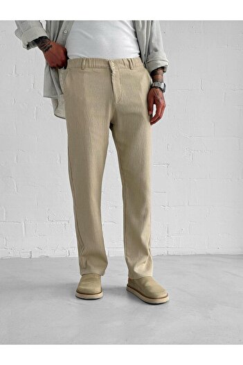 ablukaonline Men's Seersucker Regular Fit Trousers Beige