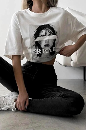 Madmext Ecru Oversize Printed Women's T-Shirt Mg1764