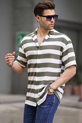 Madmext Khaki Striped Short Sleeve Men's Shirt 6730