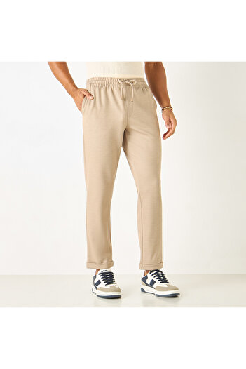 Smart Textured Slim Fit Flexi Waist Trousers with Pockets and Drawstring Closure