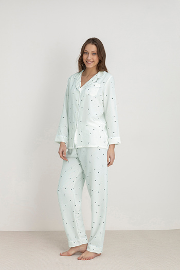 DOFİ Dofi Women's Aqua Green Bow Tie Patterned Pajama Set Long Sleeve with Button, Pocket and Cuff Detail