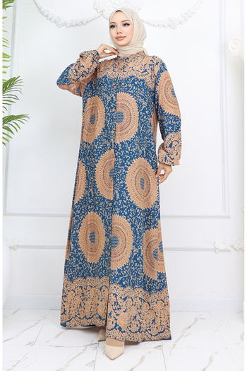 sefamerve Viscose Fabric Buttoned Patterned Dress 0047-07 Petrol