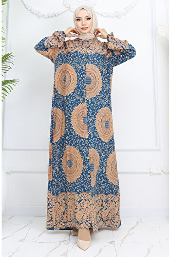 sefamerve Viscose Fabric Buttoned Patterned Dress 0047-07 Petrol