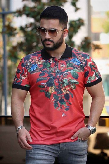 Madmext Red Flower Detailed Polo T-Shirt 2885