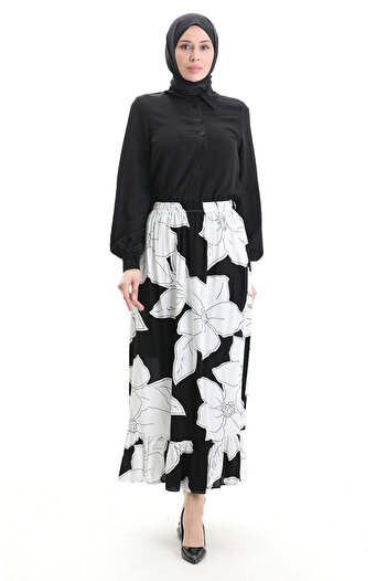 sefamerve Viscose Fabric Elastic Waist Ruffle Skirt 2012E-06 Black