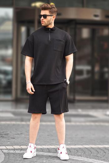 Madmext Men's Black Zippered Shorts Set 5947