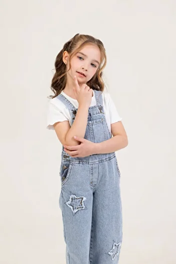 DMB BOYS & GIRLS Denim Star Patterned Pocket Relaxed Cut Jumpsuit Strappy Jean Girl's Salopet