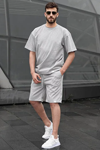 Madmext Gray Striped Men's Shorts Set 6398