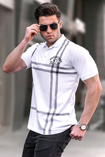 Madmext Weißes gemustertes Herren-T-Shirt mit Polokragen 5872