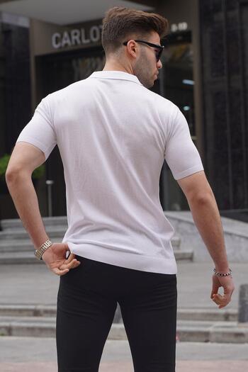 Madmext Bílé pánské tričko s úpletem Polo Neck 6353