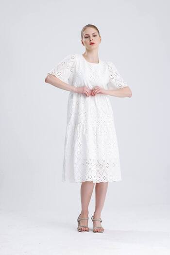 auzou eveil Women's Festoon Detailed Woven Cotton Fabric White Dress