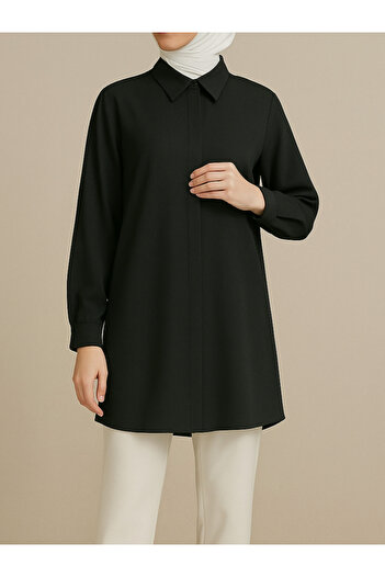 Modamorfo Classic Collared Shirt Tunic with Hidden Buttons - Black