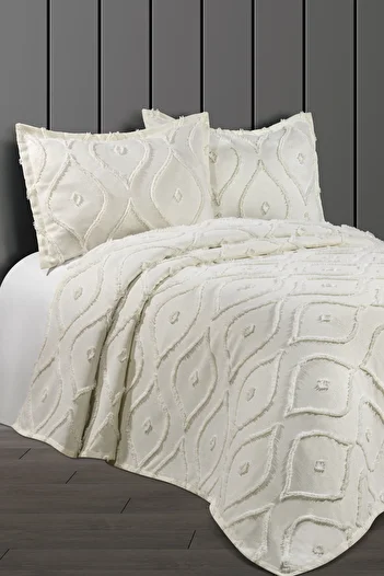 CANDAN ÇEYİZ Pompom Delux Eyelet Ecru Double Pique Set Coverlet Bedspread