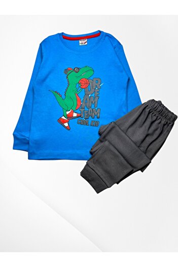 Pijamakids Set de pijamale subțiri de sezon pentru băieți, 100% bumbac, albastru, cu model de dinozaur baschet, cu mâneci lungi