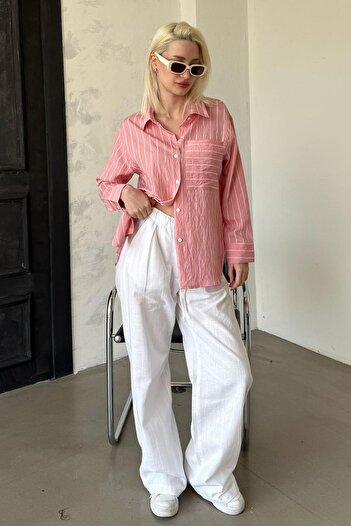 Madmext Pembe Çizgili Cepli Kadın Gömlek Mg2345