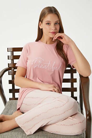 Ritnice Kadın Beautiful Yumuşak Doku Pudra Bisiklet Yaka Kısa Kollu Alt Üst Pijama Takımı