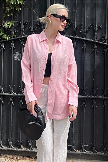 Madmext Pembe Uzun Kollu Oversize Gömlek MG2003