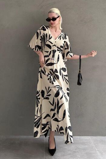 Madmext Ecru Patterned Half Sleeve Dress Mg2395