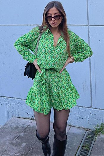 Madmext Green Geometric Patterned Women's Shirt Dress
