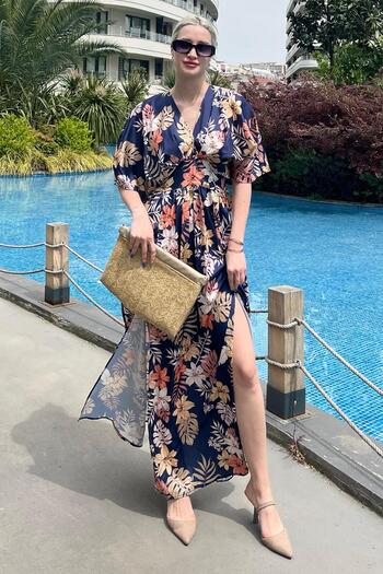 Madmext Indigo Patterned Slit Detailed Long Dress Mg1698