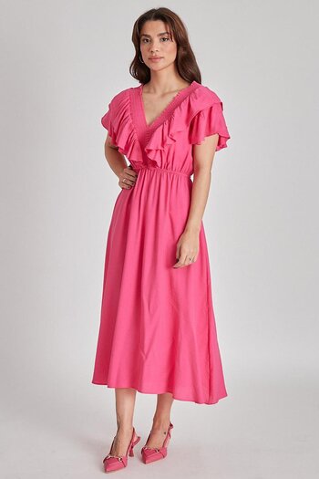 Madmext Fuchsia V-Neck Elastic Dress Mg1842