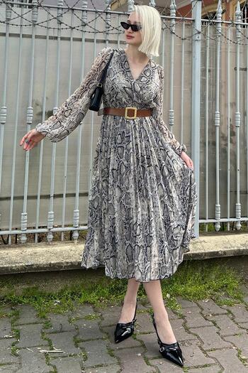 Madmext Beige Double Breasted Collar Patterned Chiffon Dress MG2065