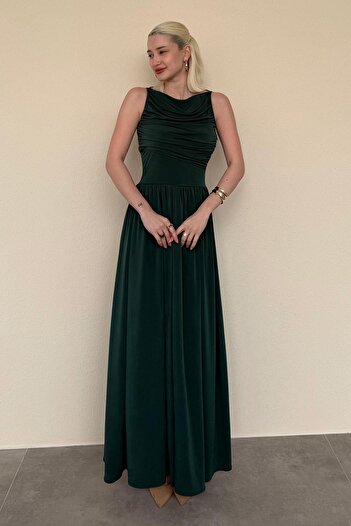 Madmext Green Front Draped Long Length Women's Dress Mg2364