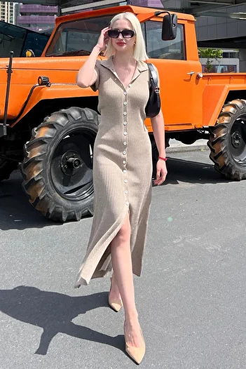 Madmext Φόρεμα με μακρύ πλεκτό V-Neck - με κουμπιά βιζόν, MG2078