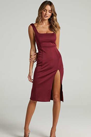 Madmext Burgundy Strap Slit Detailed Midi Dress