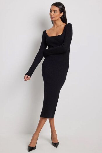 Madmext Black Square Collar Knitwear Long Dress Mg1719