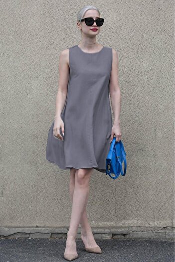 Madmext Gray Zero Sleeve Casual Linen Dress Mg1831