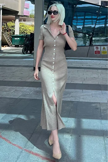 Madmext Φόρεμα με μακρύ πλεκτό V-Neck - με κουμπιά βιζόν, MG2078