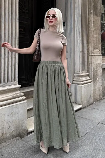 Madmext Green Voile Fabric Basic Women's Long Length Women's Skirt Mg2366