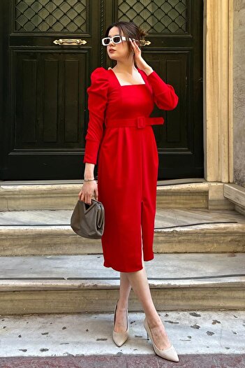Madmext Red Watermelon Sleeve Square Collar Pencil Dress MG2046