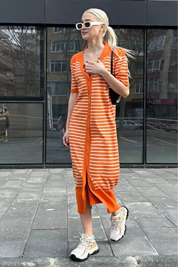 Madmext Orange Buttoned Knitwear Women's Dress Mg1648