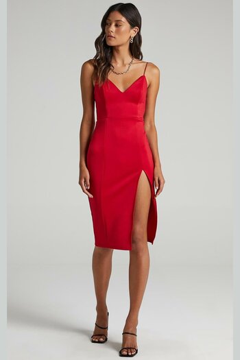 Madmext Red V-Neck Slit Satin Dress Mg1742