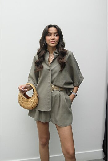 Havoş Mink Straw Belted Shorts Shirt Linen Set