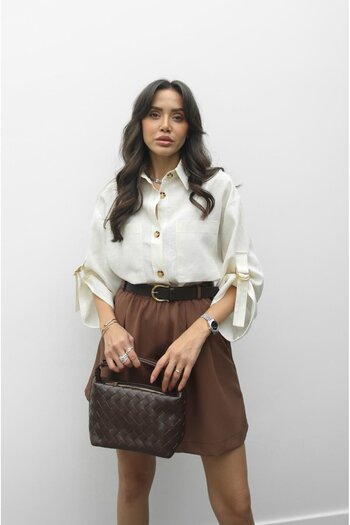 Havoş Cream Sleeves Belt Detailed Raw Linen Shirt