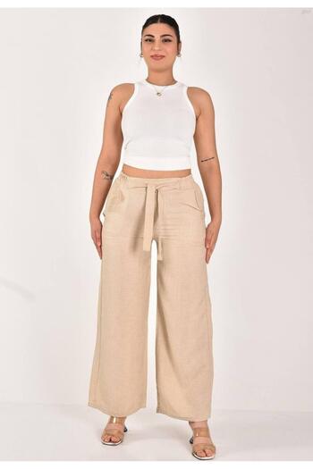MİRA BUTİK Linen Pants Large Size Comfortable Fit Pocket Waist Elastic Size 40-50