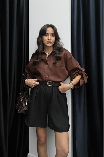 Havoş Brown Sleeves Belt Detailed Raw Linen Shirt