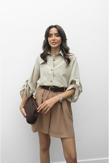 Havoş Beige Raw Linen Shirt with Belt Detail on Sleeves