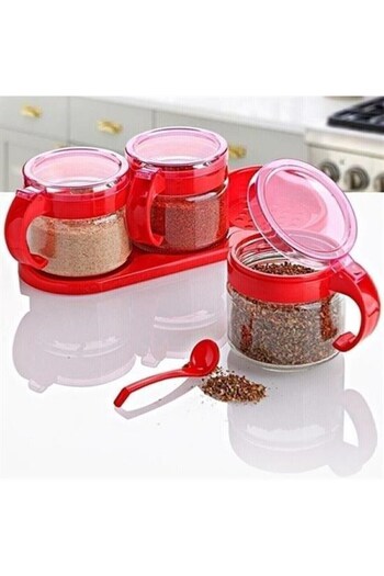 CT STONES Ct-Stones ®   Red 3-Piece Glass Air-Tight Spice Container Set with Stand, Lid and Spoon Kc-386