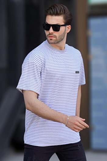 Madmext Gray Crew Neck Striped Short Sleeve Men's T-Shirt with Rigging Detail 7031