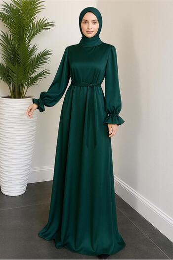 TRENDTESETTÜR Women's Green (Emerald) Satin Evening Dress with Belt t 3126